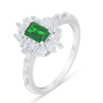 Sterling Silver 925 Ring Rhodium Plated Embedded With Emerald Zircon And White Zircon
