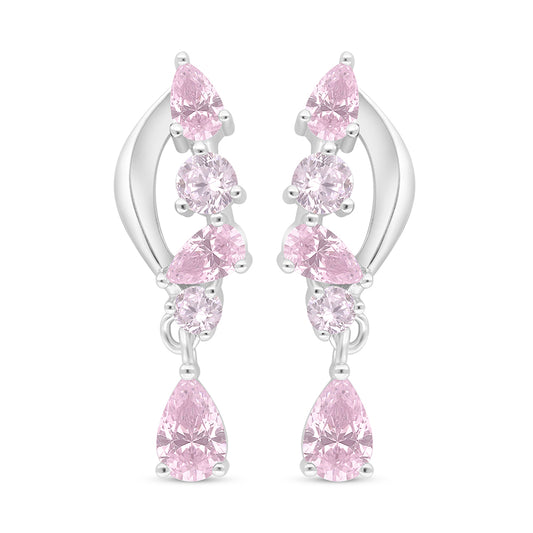 Sterling Silver 925 Earring Rhodium Plated Embedded With Pink Zircon