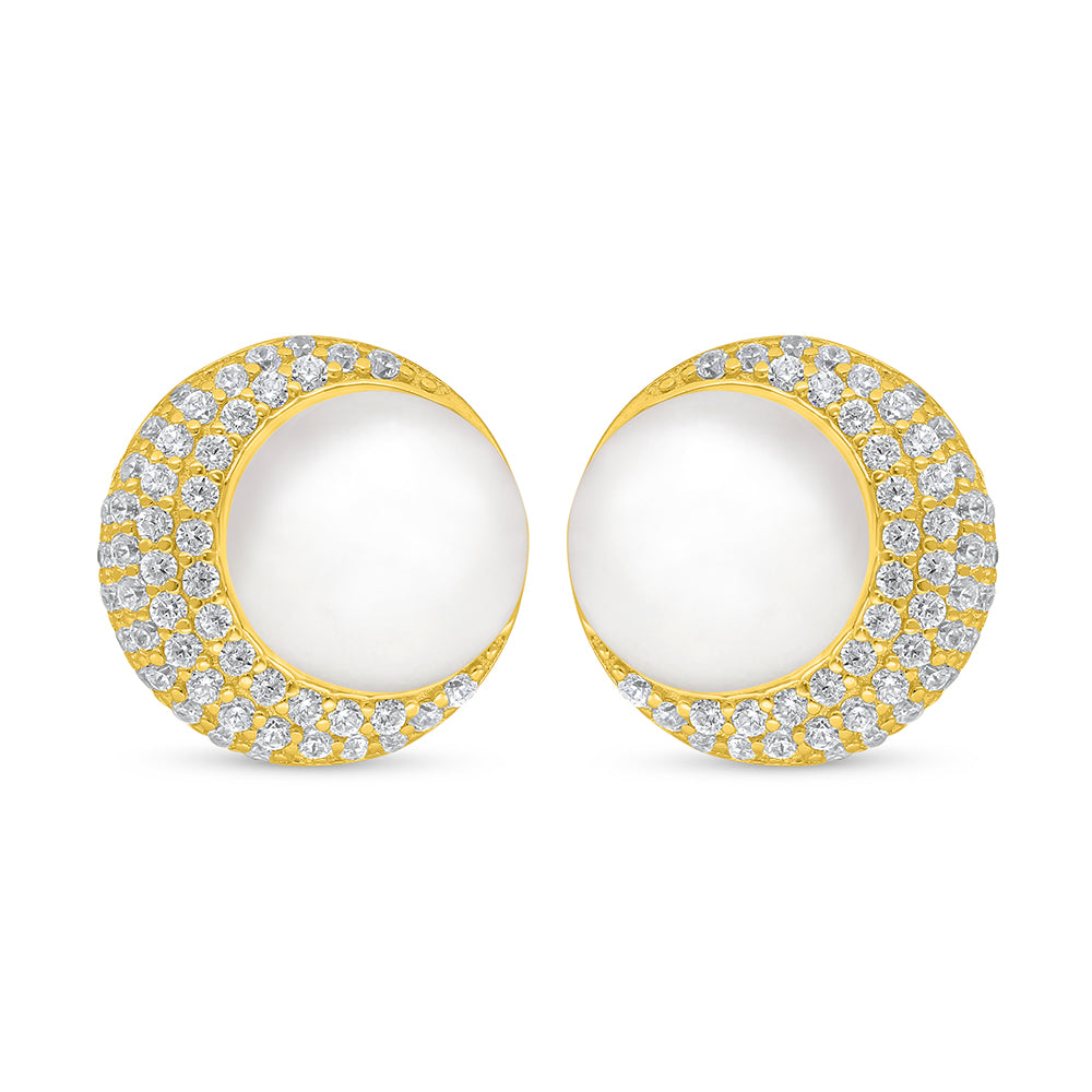 Sterling Silver 925 Earring Golden Plated Embedded With Natural White Pearl And White Zircon
