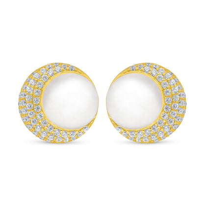 Sterling Silver 925 Earring Golden Plated Embedded With Natural White Pearl And White Zircon
