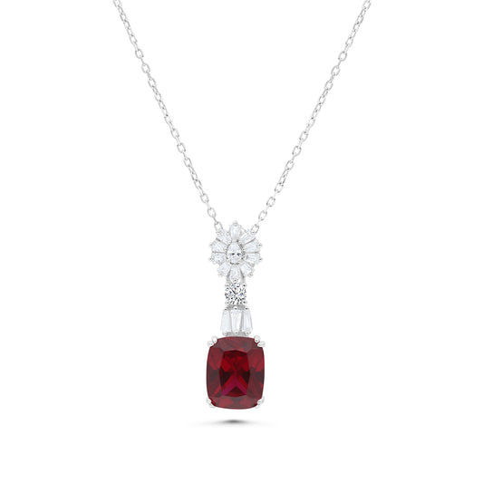 Sterling Silver 925 Necklace  Rhodium Plated Embedded With Ruby Corundum And White Zircon
