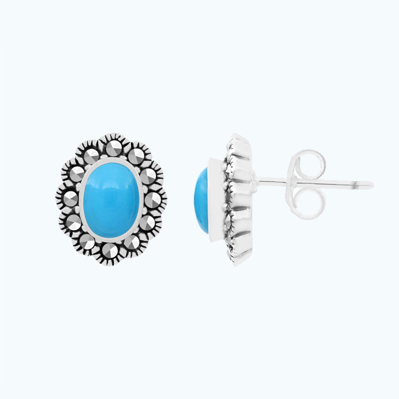 Sterling Silver 925 Earring Embedded With Natural Processed Turquoise And Marcasite Stones
