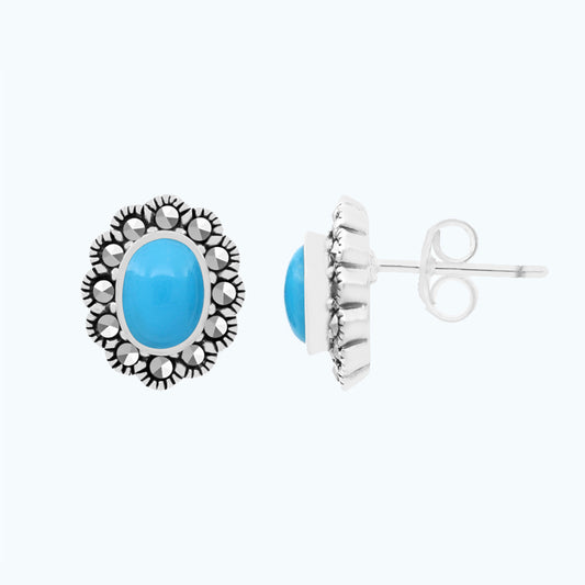 Sterling Silver 925 Earring Embedded With Natural Processed Turquoise And Marcasite Stones
