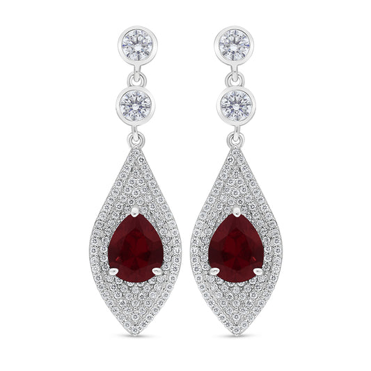 Sterling Silver 925 Earring Rhodium Plated Embedded With Ruby Corundum And White Zircon