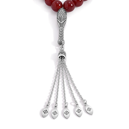 سبحة 33 احجار عقيق احمر غامق بيلية كابشون 12 مم طقم ستانلس ستيل عيار 316L مطلى فضي واسود