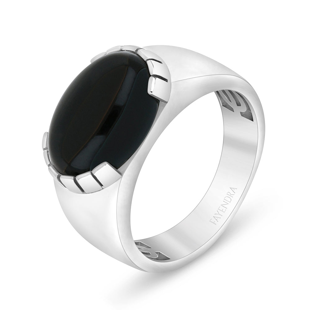 Sterling Silver 925 Ring Rhodium Plated Embedded With Cabochon Black Agate For Men