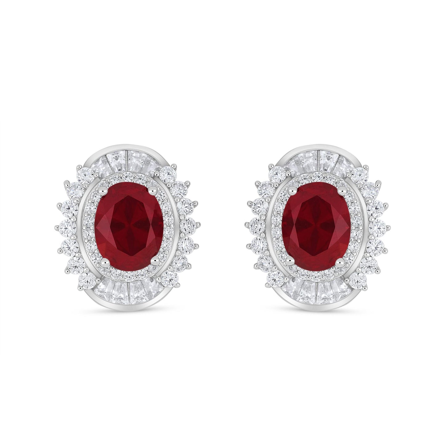 Sterling Silver 925 Earring Rhodium Plated Embedded With Ruby Corundum And White Zircon