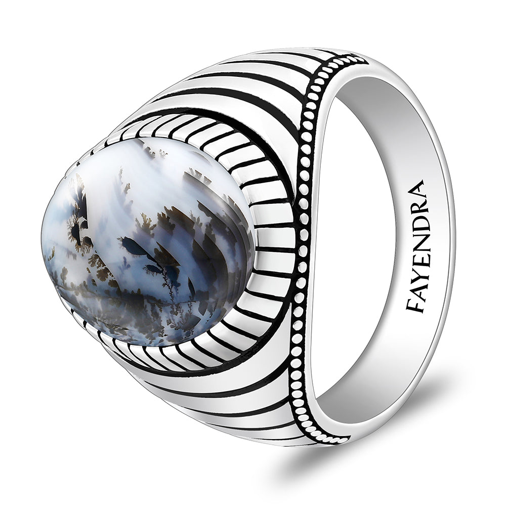 Sterling Silver 925 Ring Rhodium And Black Plated Embedded With Natural Agate Cabochon For Men
