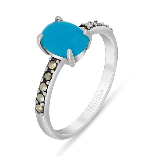 Sterling Silver 925 Ring Embedded With Natural Processed Turquoise And Marcasite Stones