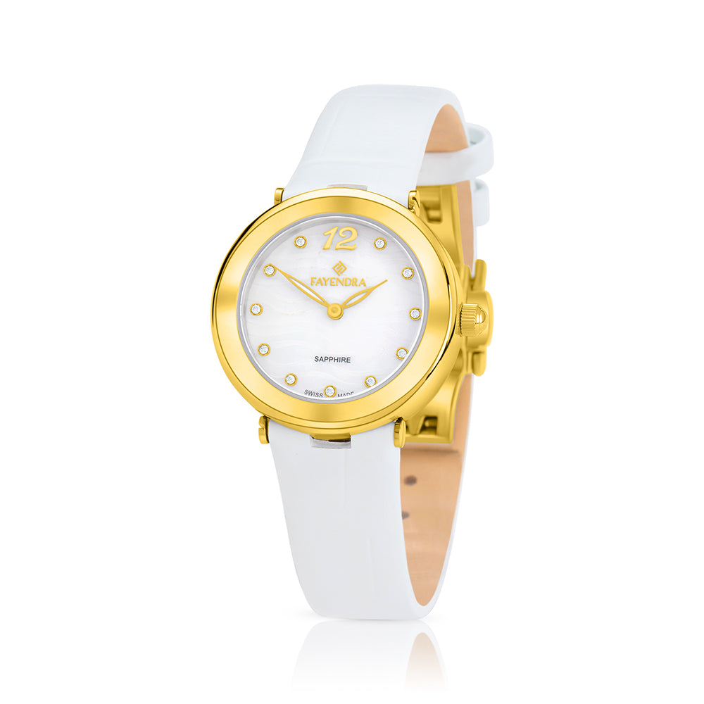 Stainless Steel 316L Watch Golden Color White Leather And White Zircon - WHITE MOP DIAL