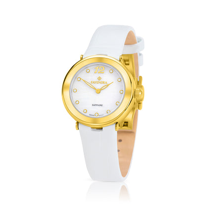 Stainless Steel 316L Watch Golden Color White Leather And White Zircon - WHITE MOP DIAL