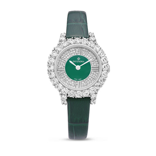 Stainless Steel 316 Watch Silver Color Green Leather Embedded With White Zircon - Green MOP DIAL