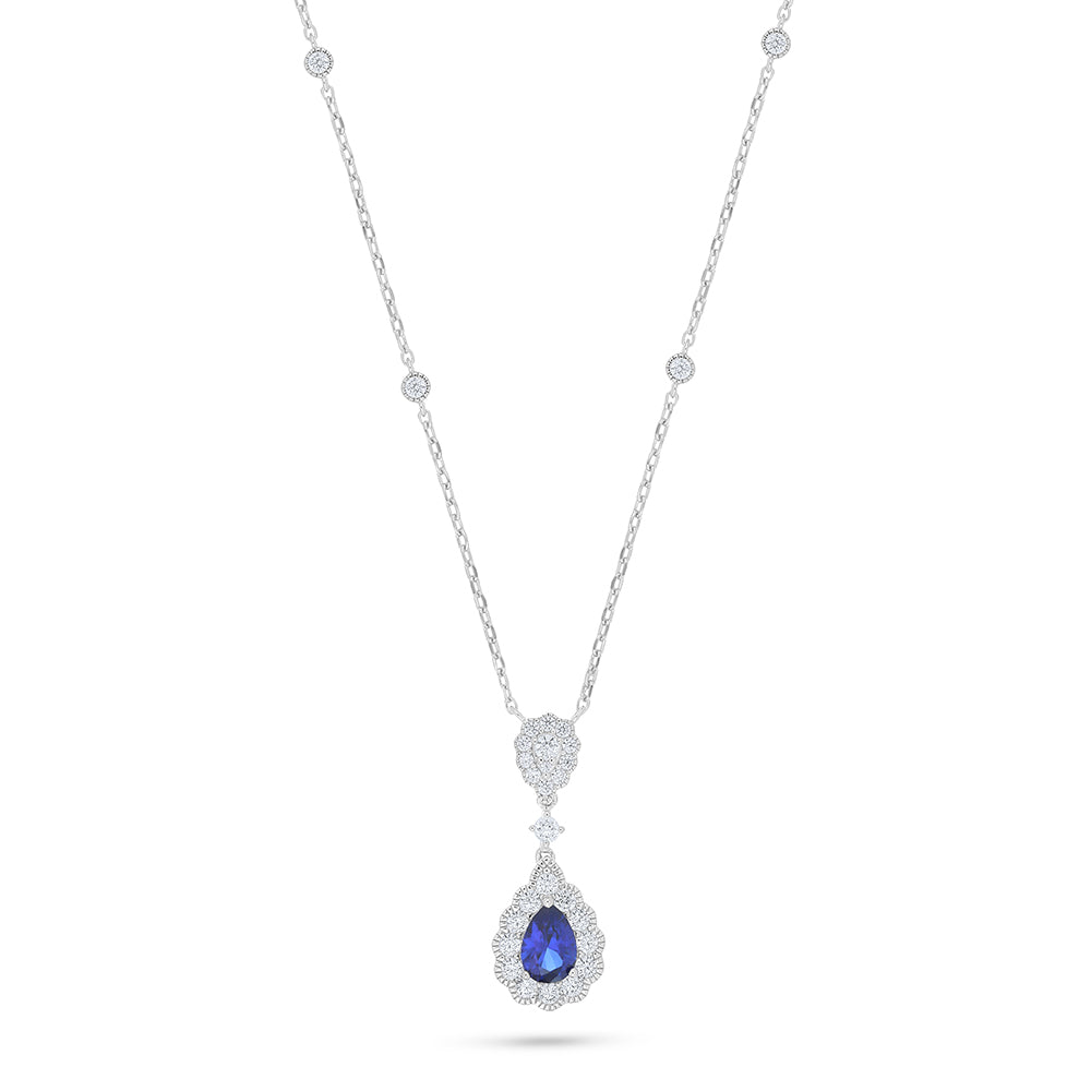 عقد من الفضة الخالصة عيار 925 مطلي روديوم مرصع زفير كروندوم و فص ابيض