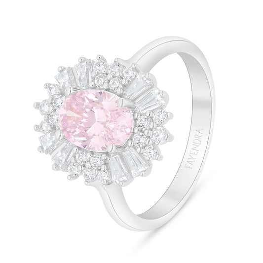 Sterling Silver 925 Ring Rhodium Plated Embedded With Pink Zircon And White Zircon