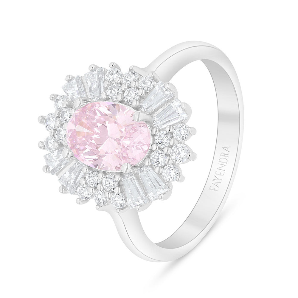 Sterling Silver 925 Ring Rhodium Plated Embedded With Pink Zircon And White Zircon