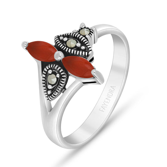 Sterling Silver 925 Ring Embedded With Natural Aqiq And Marcasite Stones