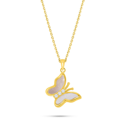 Sterling Silver 925 Necklace Golden Plated Embedded With White Shell And White Zircon