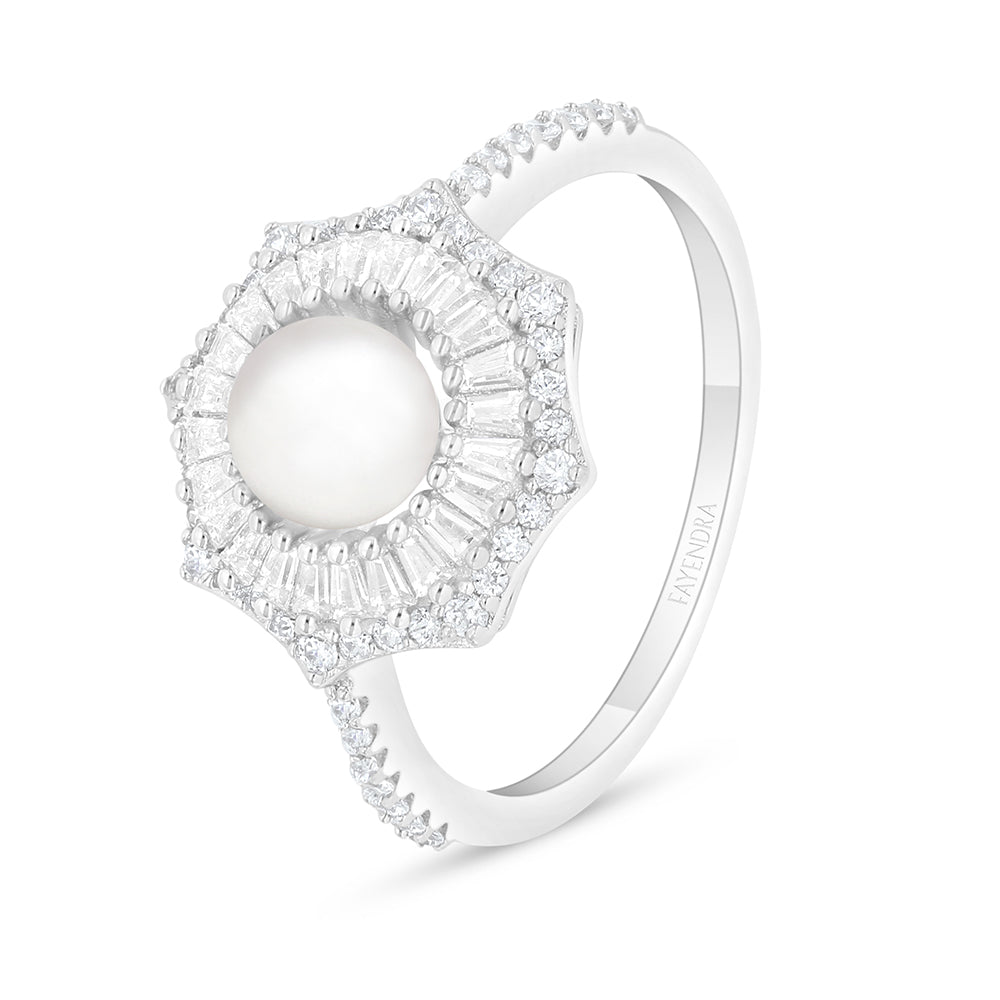 Sterling Silver 925 Ring Rhodium Plated Embedded With Natural White Pearl And White Zircon