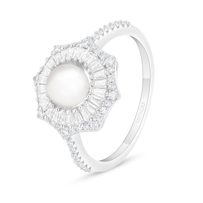 Sterling Silver 925 Ring Rhodium Plated Embedded With Natural White Pearl And White Zircon