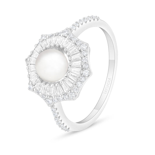 Sterling Silver 925 Ring Rhodium Plated Embedded With Natural White Pearl And White Zircon