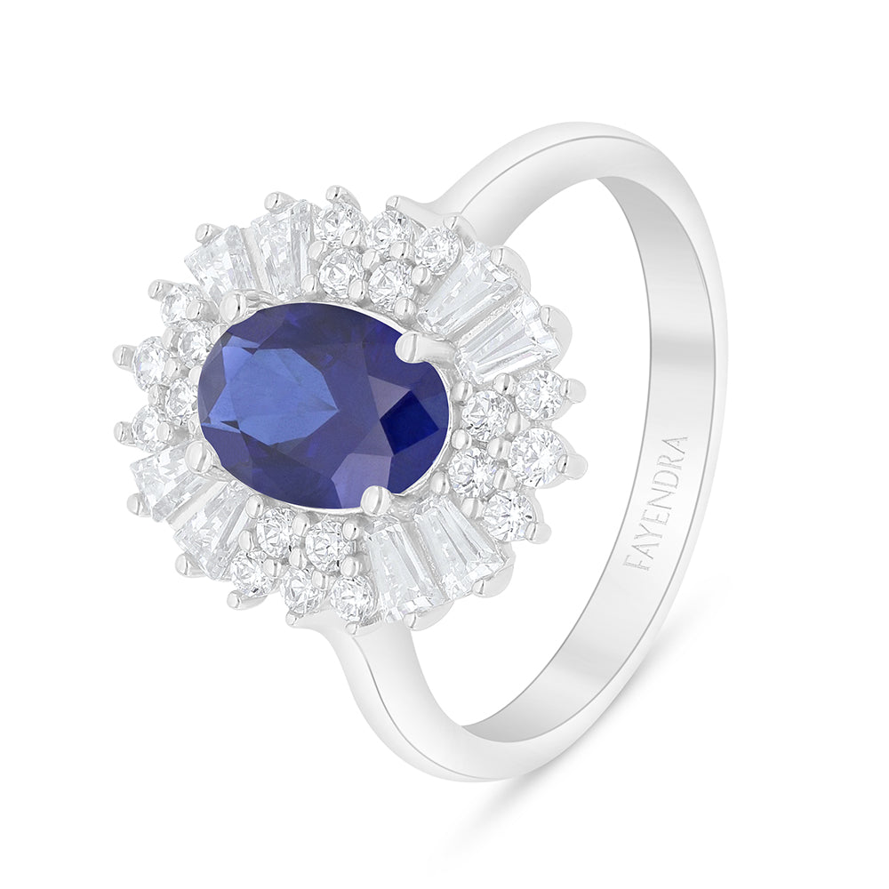 Sterling Silver 925 Ring Rhodium Plated Embedded With Sapphire Corundum And White Zircon