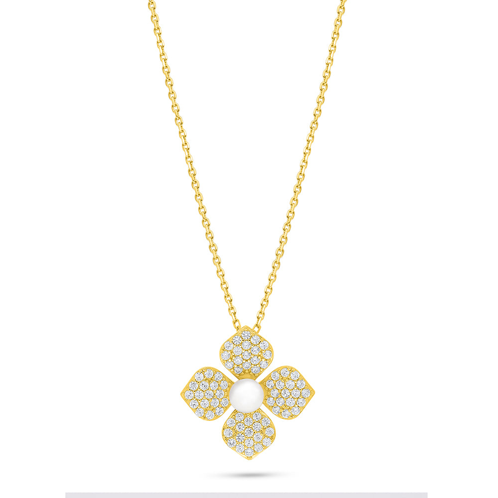 Sterling Silver 925 Necklace Golden Plated Embedded With Natural White Pearl And White Zircon