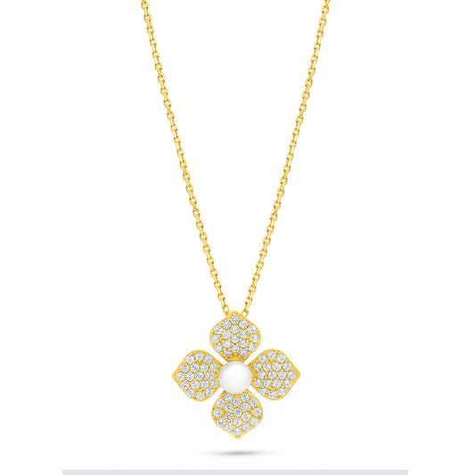 Sterling Silver 925 Necklace Golden Plated Embedded With Natural White Pearl And White Zircon