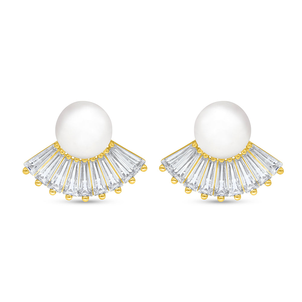 Sterling Silver 925 Earring Golden Plated Embedded With Natural White Pearl And White Zircon