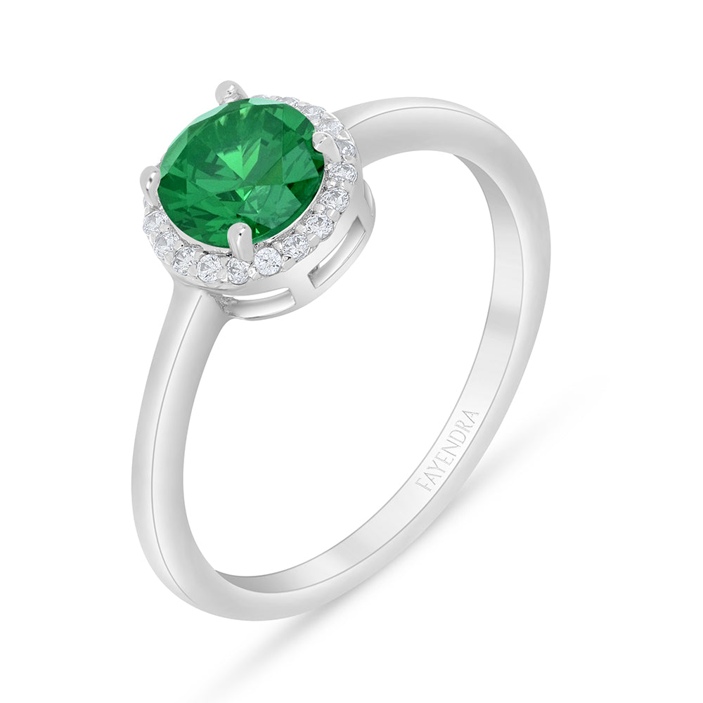 Sterling Silver 925 Ring Rhodium Plated Embedded With Emerald Zircon And White Zircon