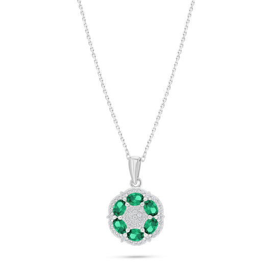 Sterling Silver 925 Necklace Rhodium Plated Embedded With Emerald Zircon And White Zircon