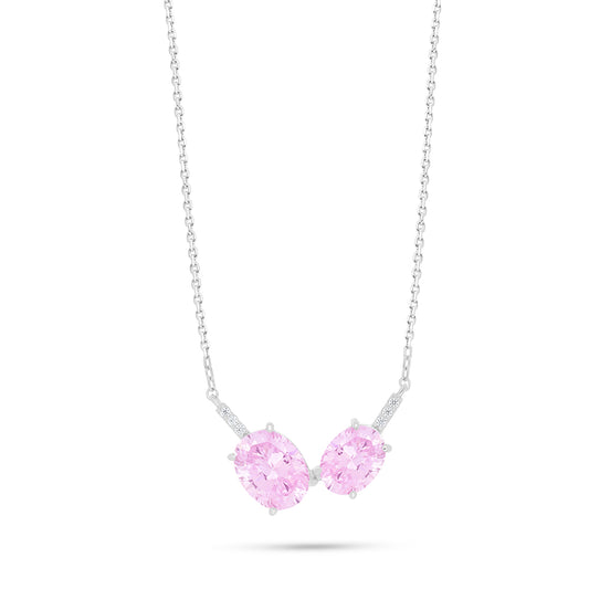 Sterling Silver 925 Necklace Rhodium Plated Embedded With Pink Zircon And White Zircon