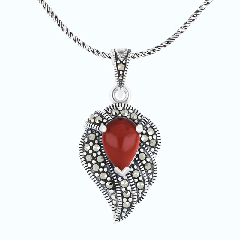 Sterling Silver 925 Pendant Embedded With Natural Aqiq And Marcasite Stones
