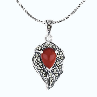 Sterling Silver 925 Pendant Embedded With Natural Aqiq And Marcasite Stones