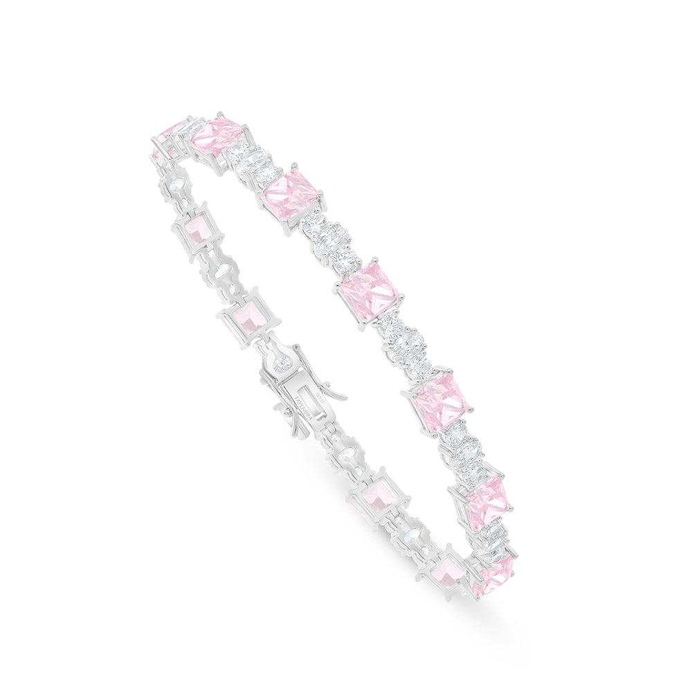 Sterling Silver 925 Bracelet Rhodium Plated Embedded With pink Zircon And White Zircon