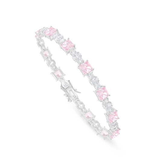 Sterling Silver 925 Bracelet Rhodium Plated Embedded With pink Zircon And White Zircon