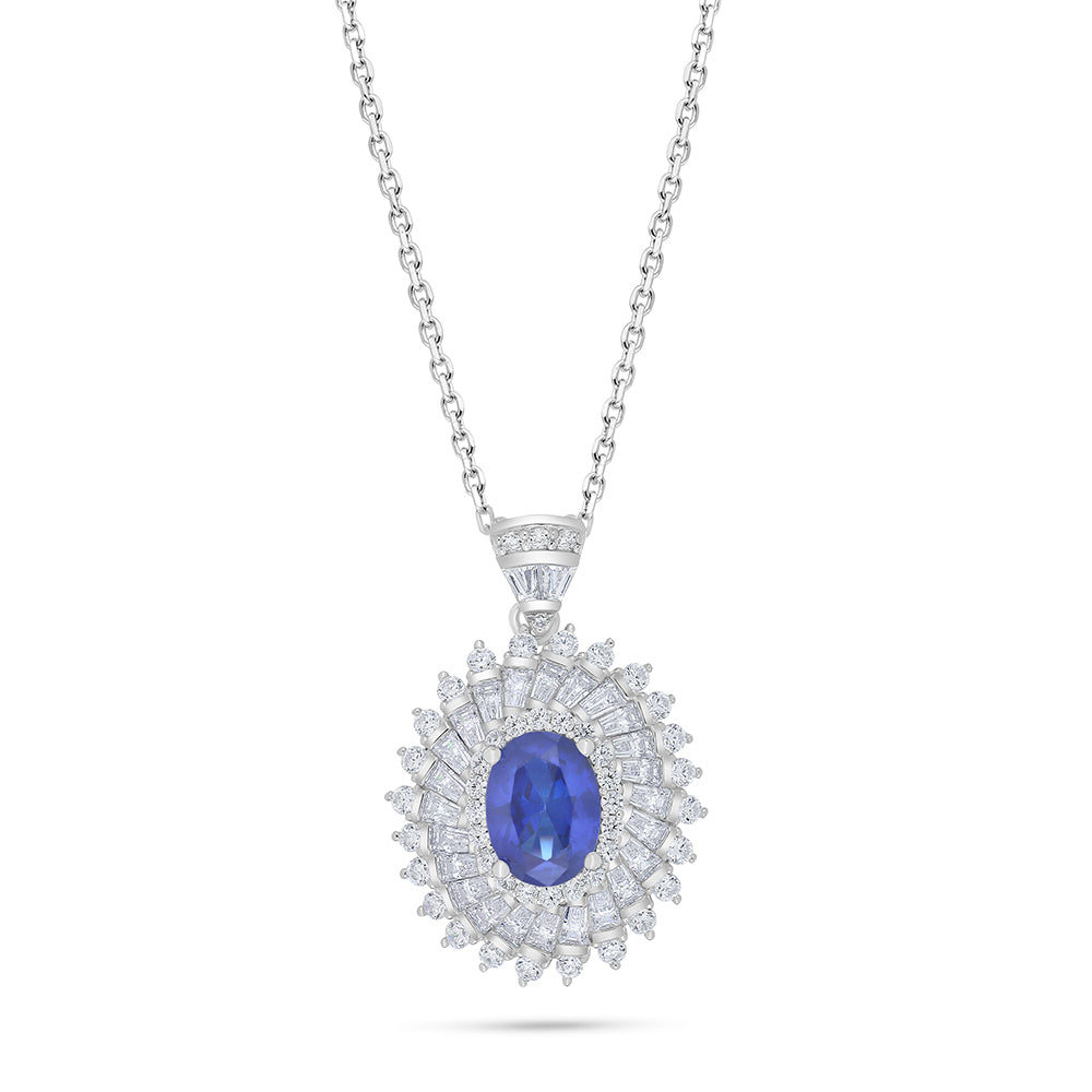 Sterling Silver 925 Necklace Rhodium Plated Embedded With Sapphire Corundum And White Zircon