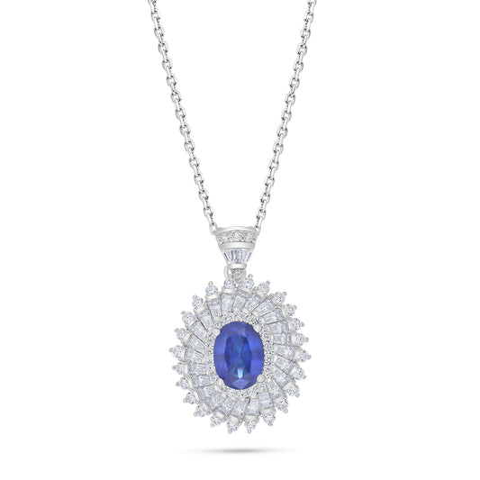 Sterling Silver 925 Necklace Rhodium Plated Embedded With Sapphire Corundum And White Zircon