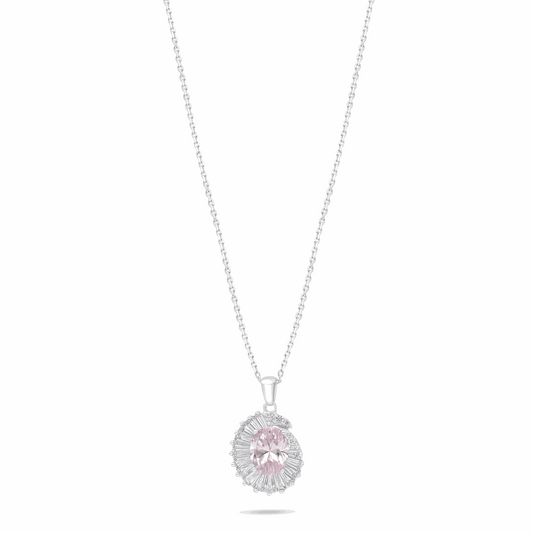 Sterling Silver 925 Necklace Rhodium Plated Embedded With Pink Zircon And White Zircon