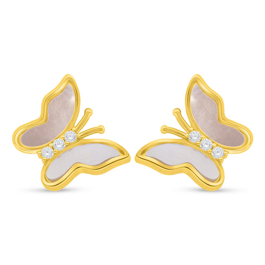 Sterling Silver 925 Earring Golden Plated Embedded With White Shell And White Zircon