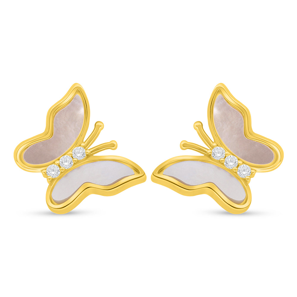 Sterling Silver 925 Earring Golden Plated Embedded With White Shell And White Zircon
