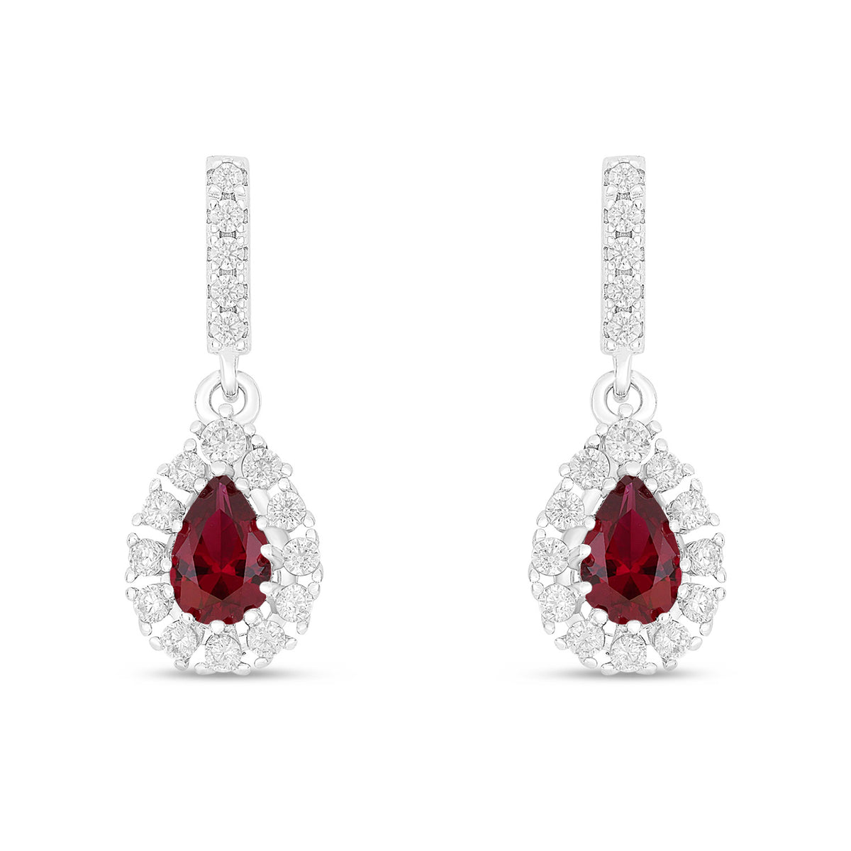 Sterling Silver 925 Earring Rhodium Plated Embedded With Ruby Corundum And White Zircon