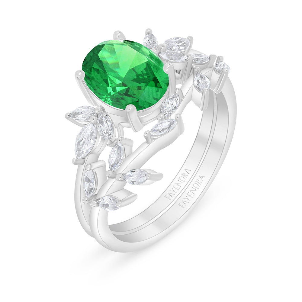 Sterling Silver 925 Ring (Twins) Rhodium Plated  Embedded With Emerald Zircon And White Zircon