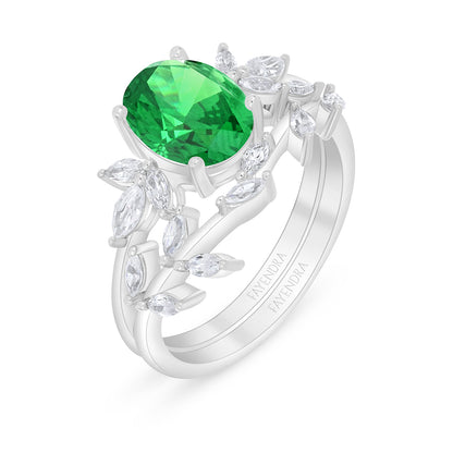 Sterling Silver 925 Ring (Twins) Rhodium Plated  Embedded With Emerald Zircon And White Zircon