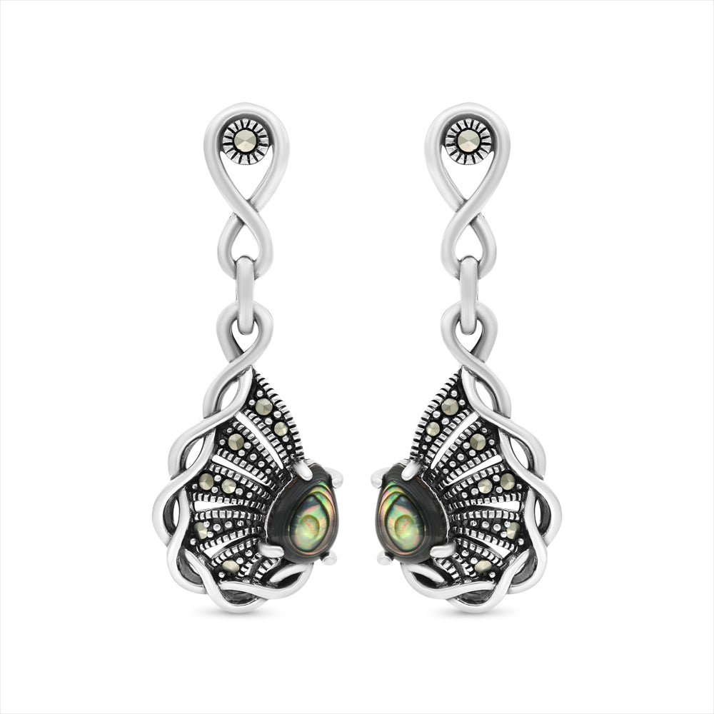 Sterling Silver 925 Earring Embedded With Natural Blue Shell And Marcasite Stones