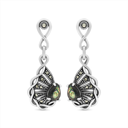 Sterling Silver 925 Earring Embedded With Natural Blue Shell And Marcasite Stones