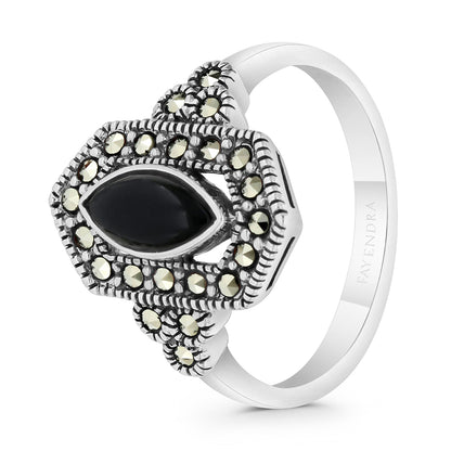 Sterling Silver 925 Ring Embedded With Natural Black Agate And Marcasite Stones