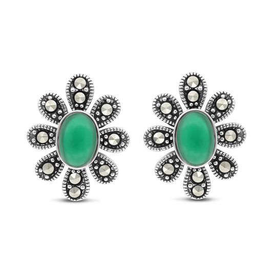 Sterling Silver 925 Earring Embedded With Natural Green Agate And Marcasite Stones