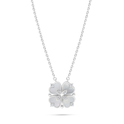 Sterling Silver 925 Necklace Rhodium Plated Embedded With White Shell And White Zircon