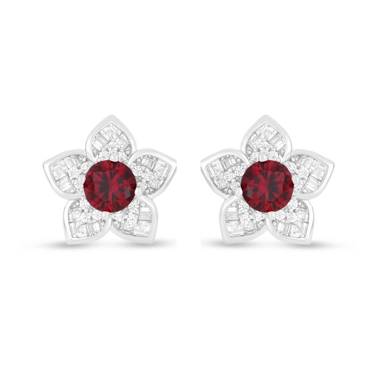 Sterling Silver 925 Earring Rhodium Plated Embedded With Ruby Corundum And White Zircon