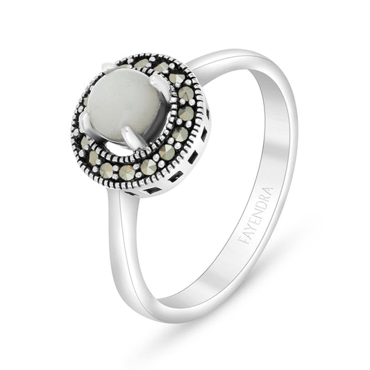 Sterling Silver 925 Ring Embedded With Natural White Shell And Marcasite Stones